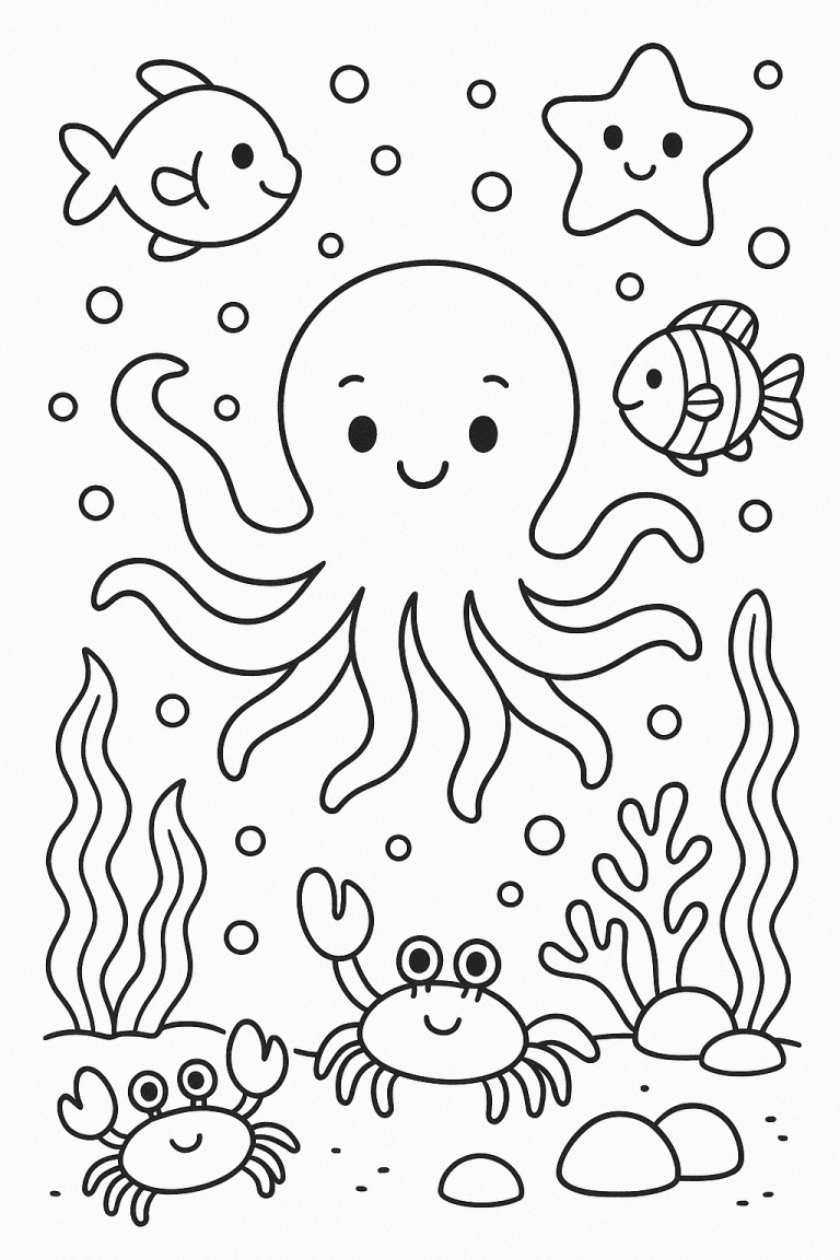 Coloring page of underwater scene with octopus and sea animals