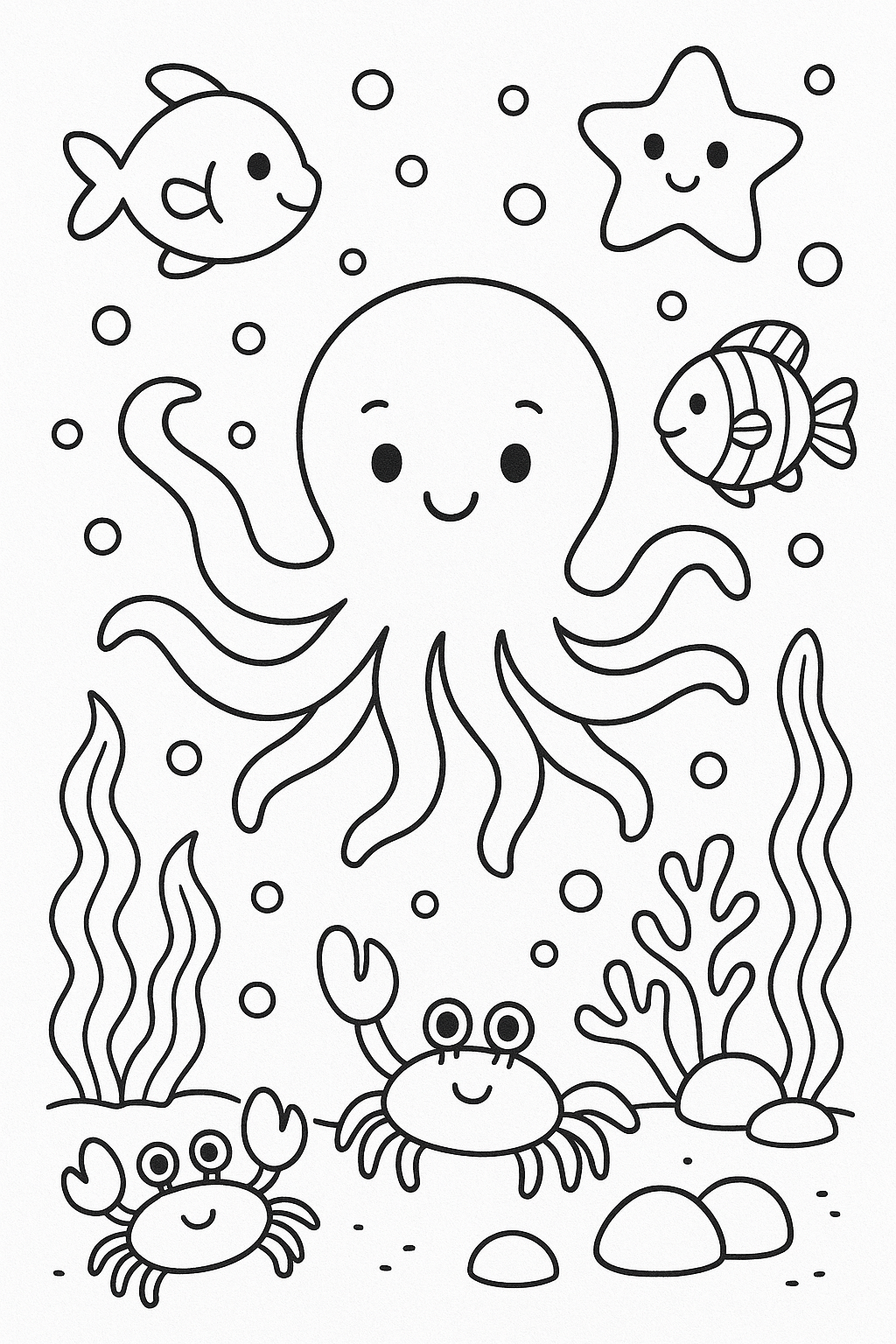 Coloring page of underwater scene with octopus and sea animals