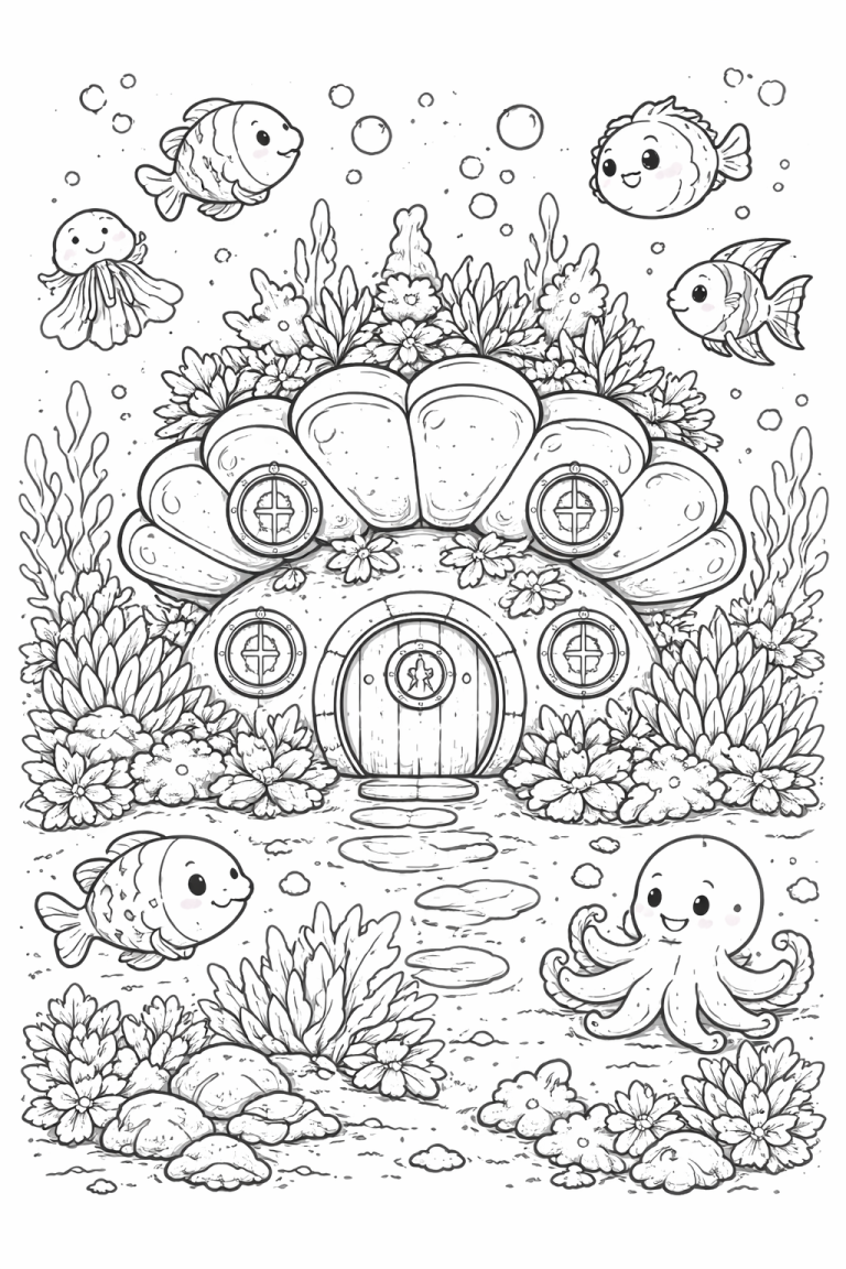 Underwater scene with fish and shell house