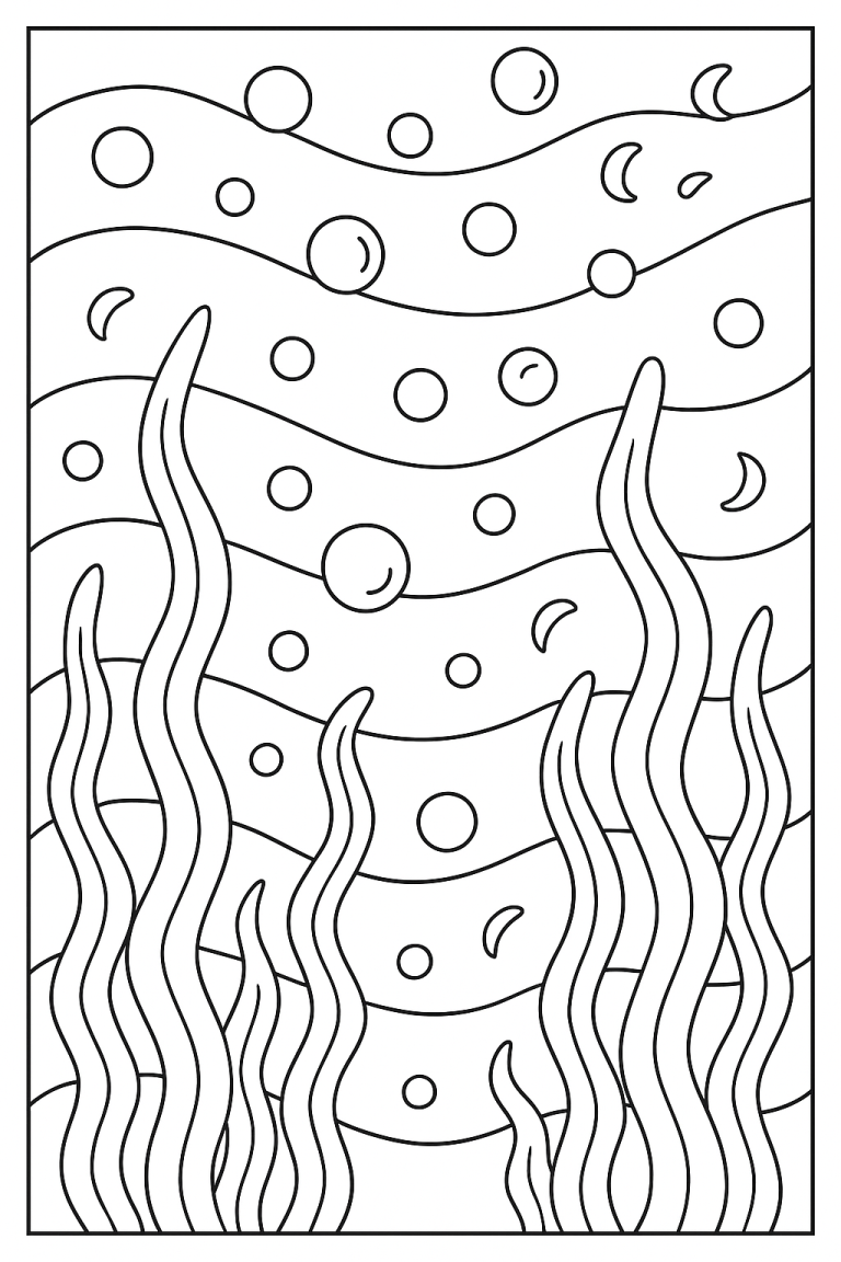 Underwater scene with seaweed and bubbles for coloring