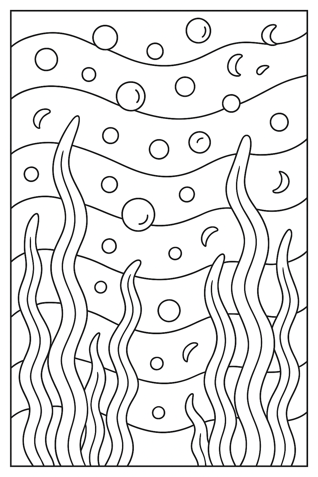 Underwater scene with seaweed and bubbles for coloring