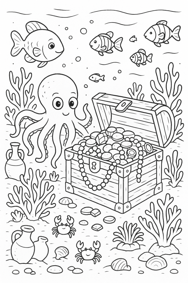 Coloring page of underwater scene with octopus and treasure chest.