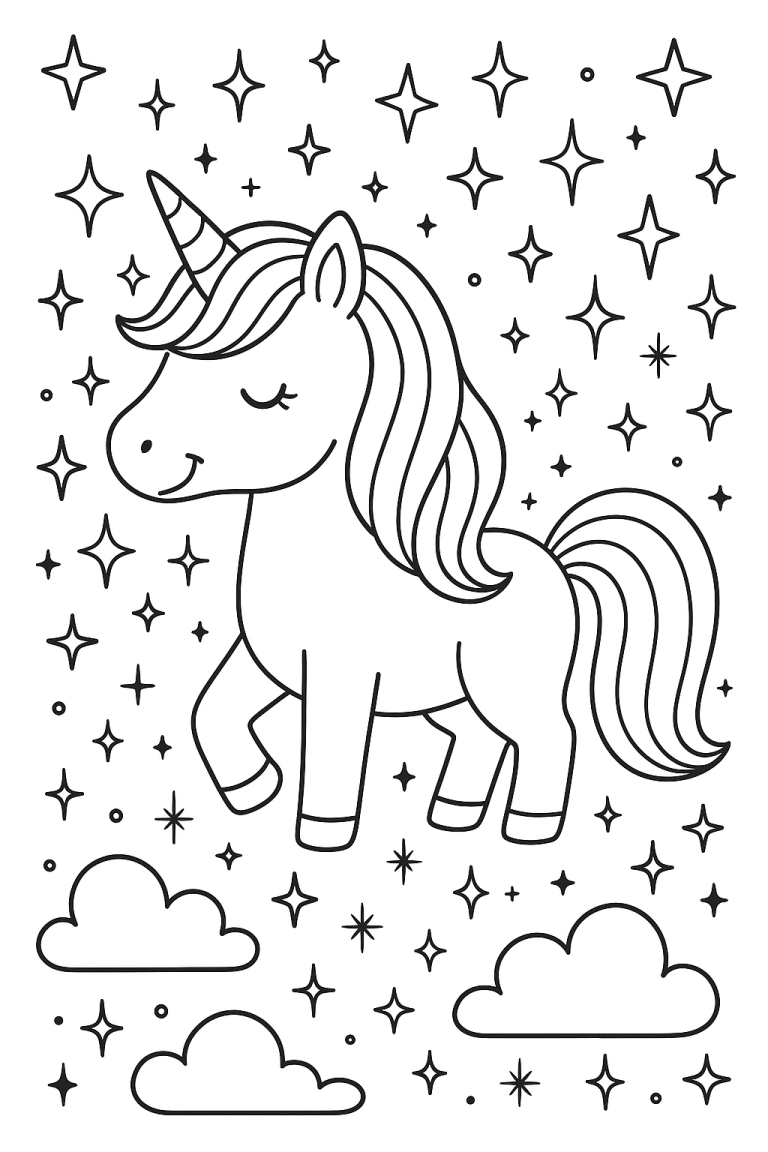 Unicorn coloring page with stars and clouds