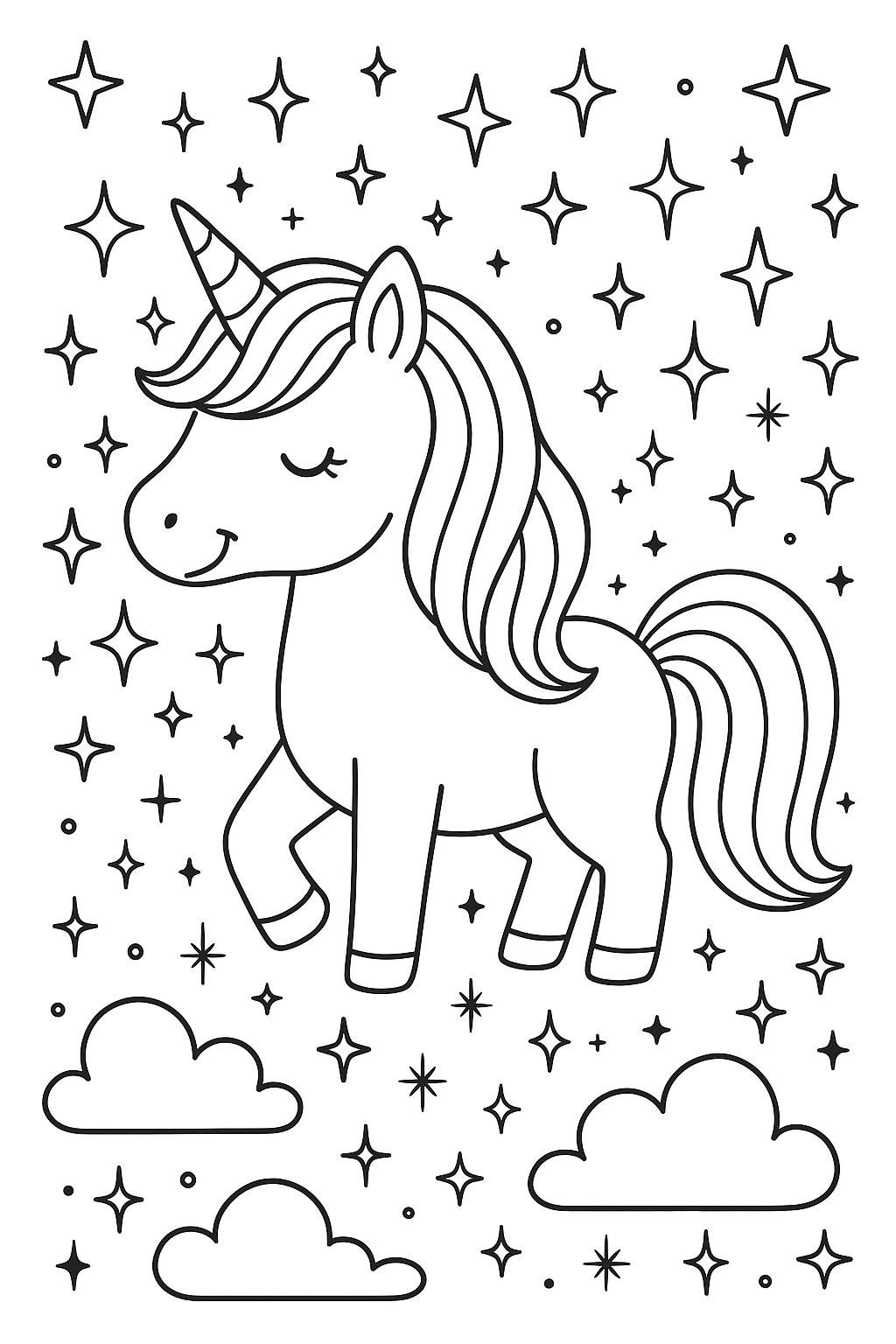 Unicorn coloring page with stars and clouds