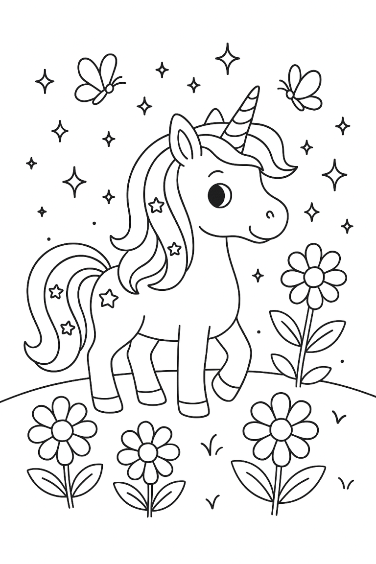 Unicorn coloring page with flowers and butterflies