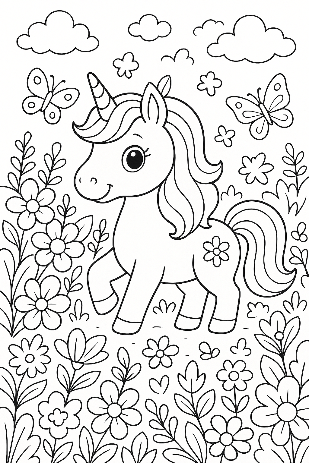Unicorn coloring page with flowers and butterflies