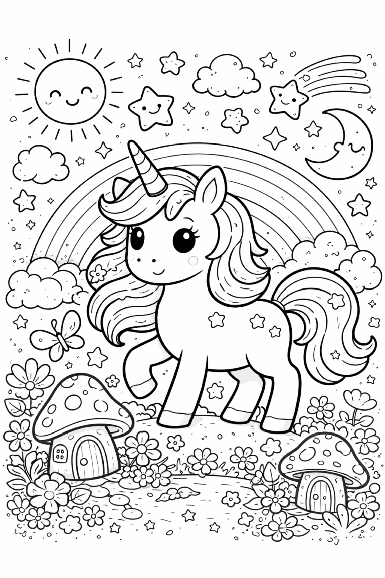 Cute unicorn with rainbow and stars coloring page