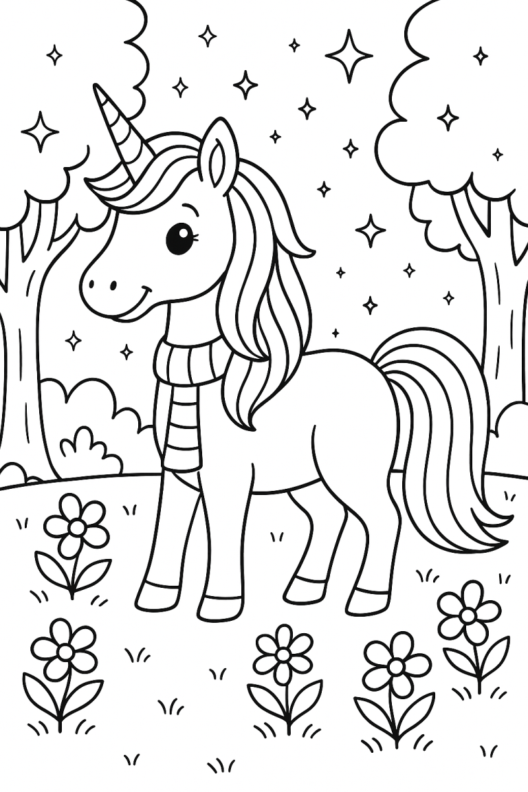Unicorn in a field with flowers and stars