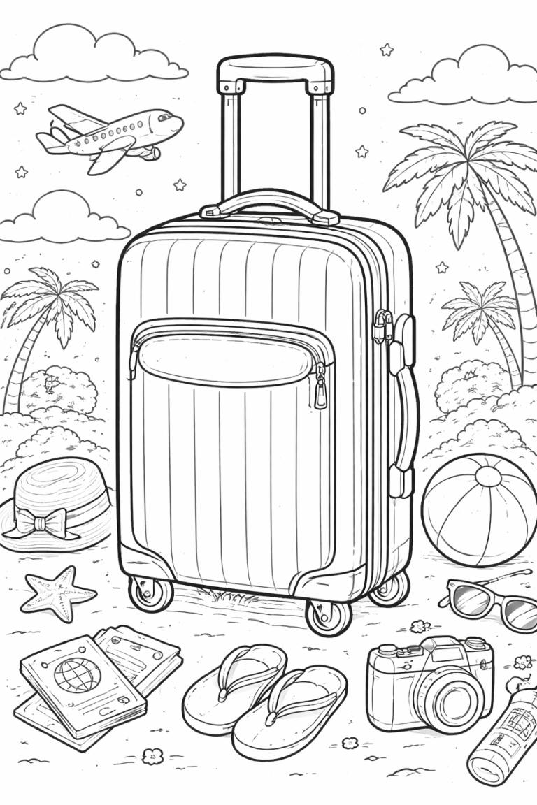 Coloring page with suitcase and travel items.