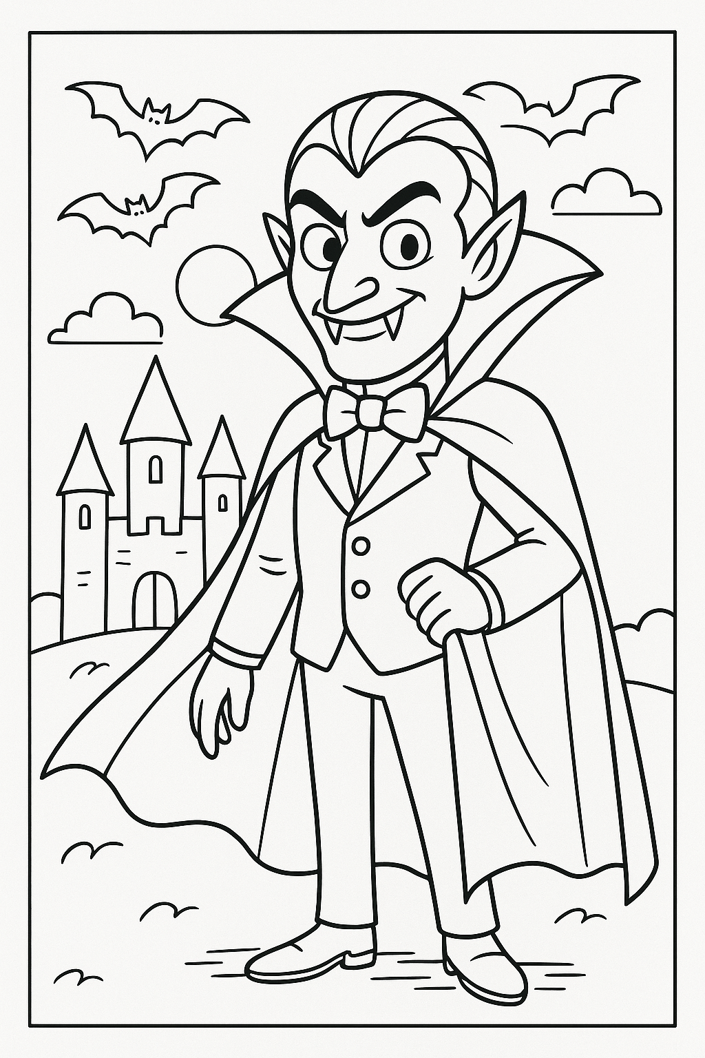 Cartoon vampire coloring page with bats and castle