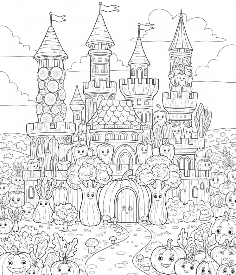Whimsical vegetable castle with smiling characters