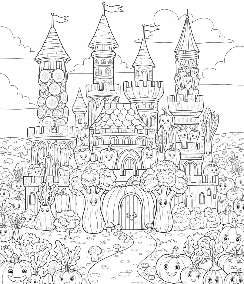 Whimsical vegetable castle with smiling characters