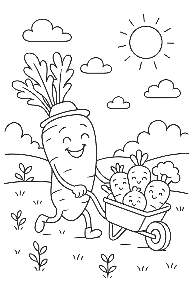 Carrot and vegetable friends in a wheelbarrow coloring page