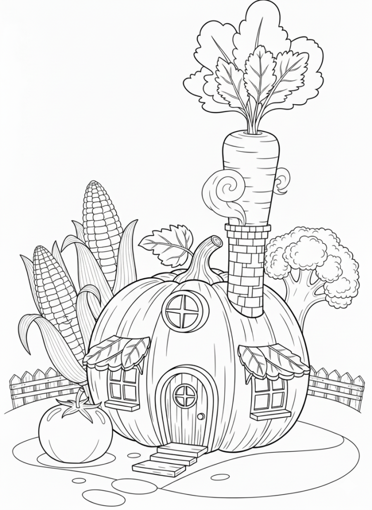Vegetable house with pumpkin, corn, and tomato