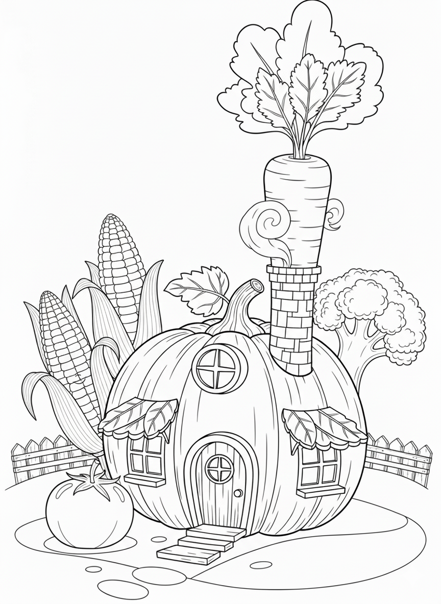 Vegetable house with pumpkin, corn, and tomato
