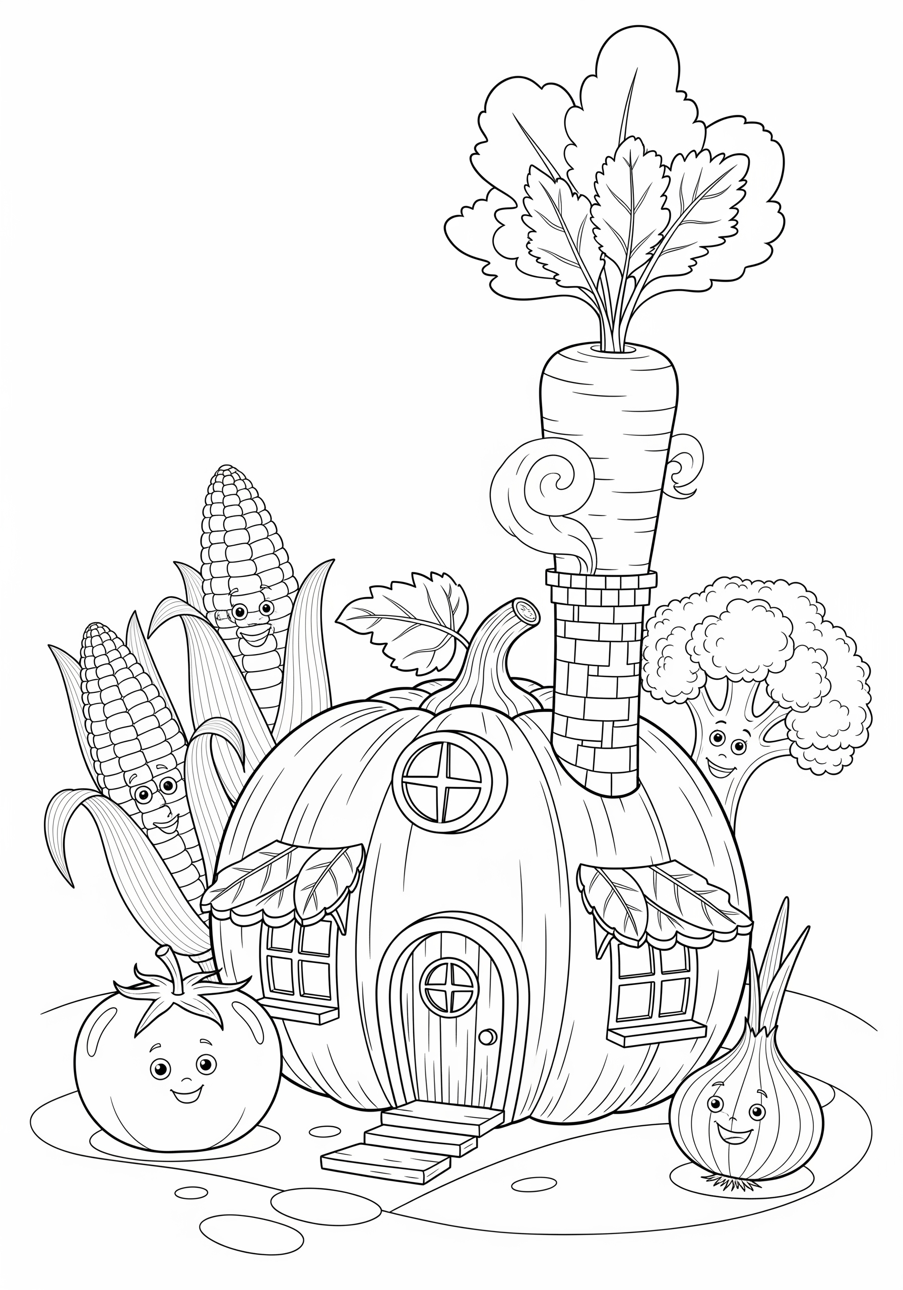 Vegetable house with smiling vegetables