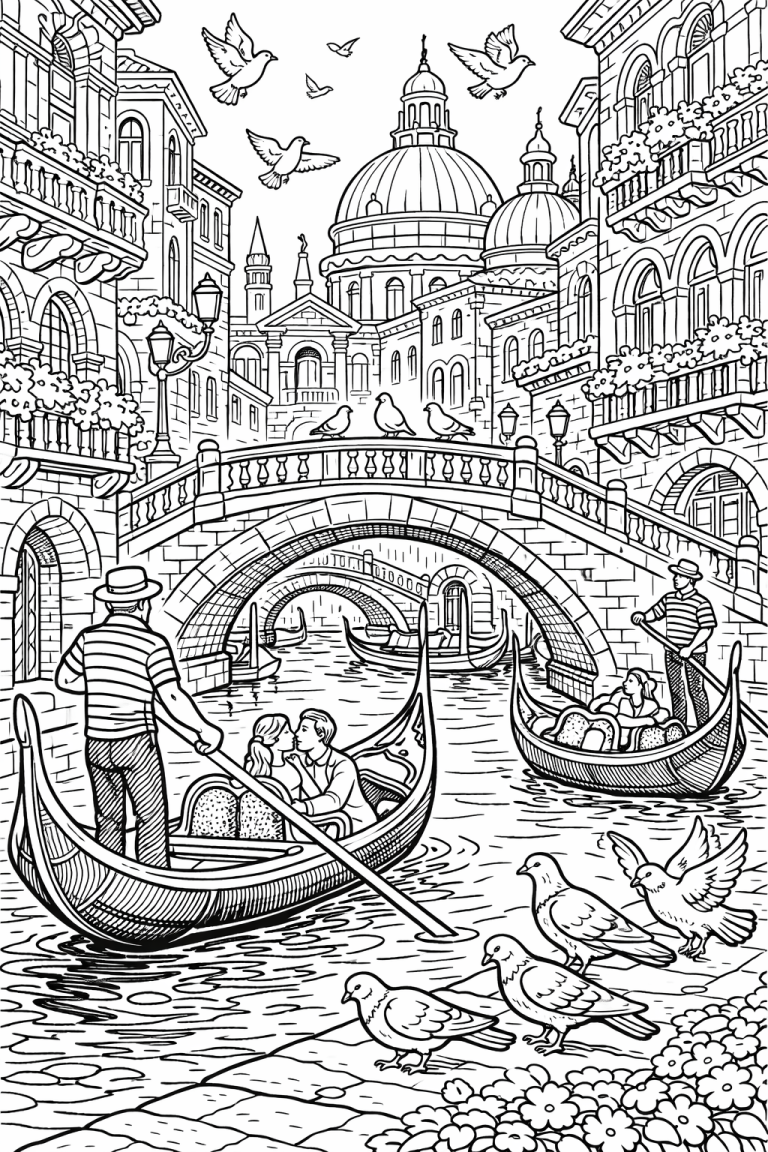 Coloring page of Venetian gondolas and architecture.