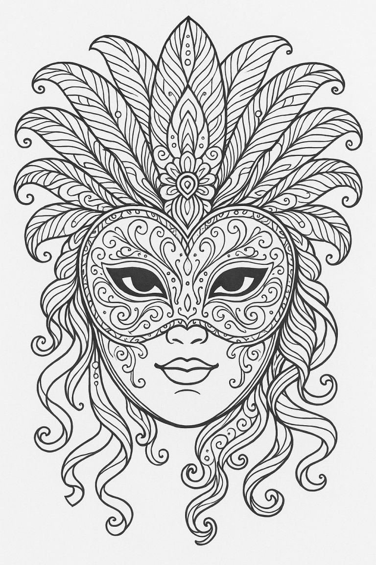 Intricate Venetian mask coloring page for children