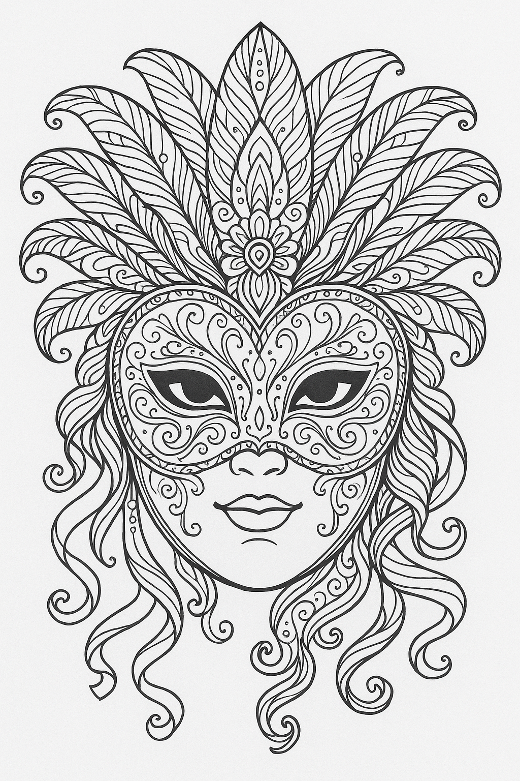 Intricate Venetian mask coloring page for children