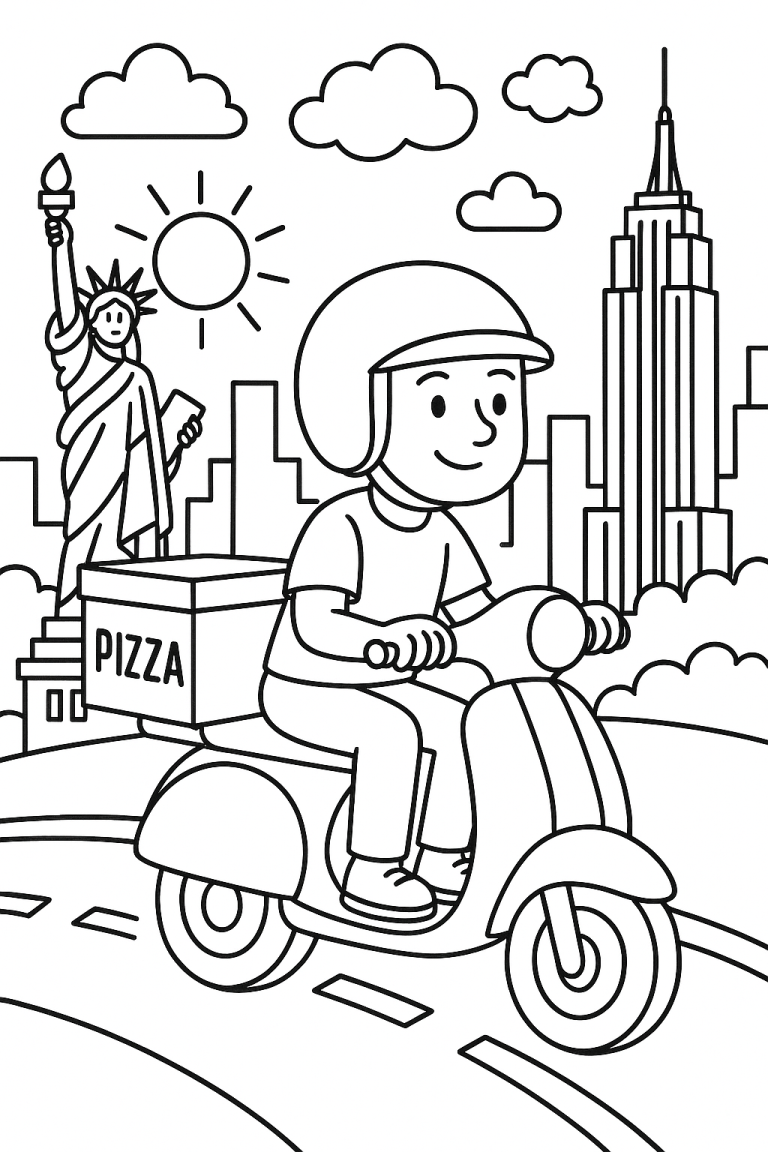 A coloring page featuring a Vespa pizza delivery in a cityscape.