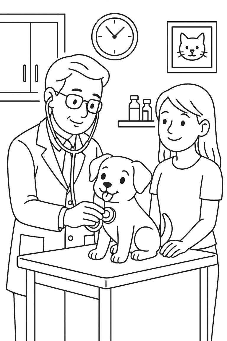 Veterinarian checking a puppy with a child watching