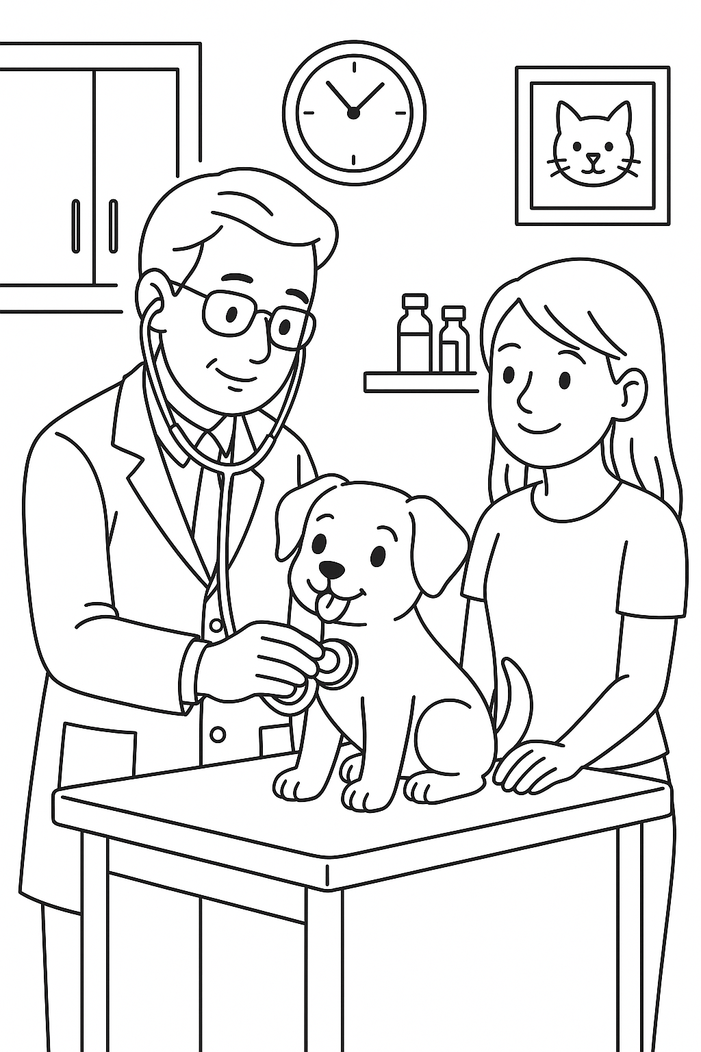 Veterinarian checking a puppy with a child watching
