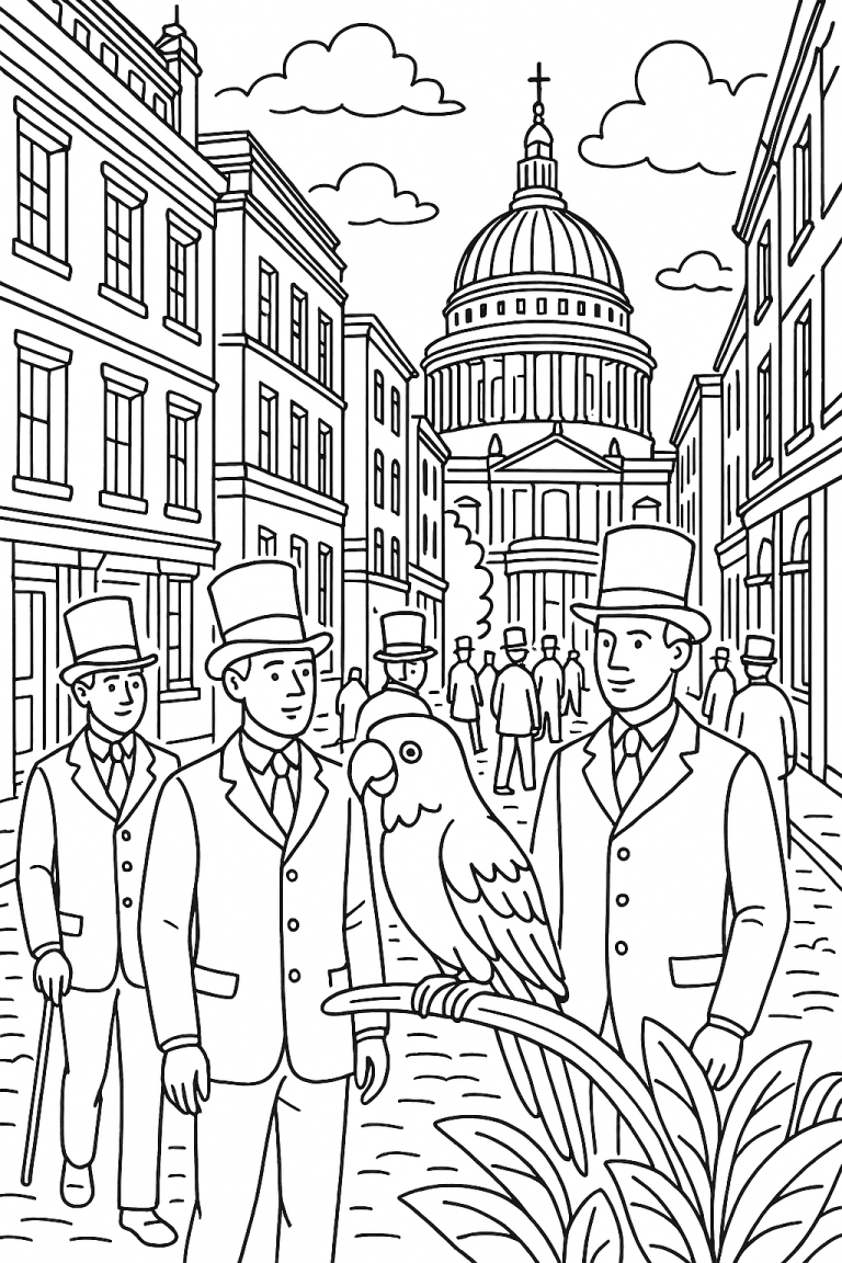 Victorian street scene with people and parrot