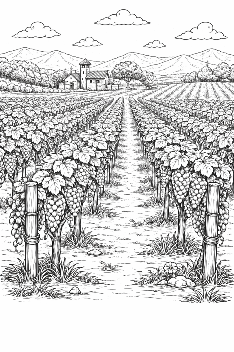Coloring page of a vineyard with grapevines and mountains.