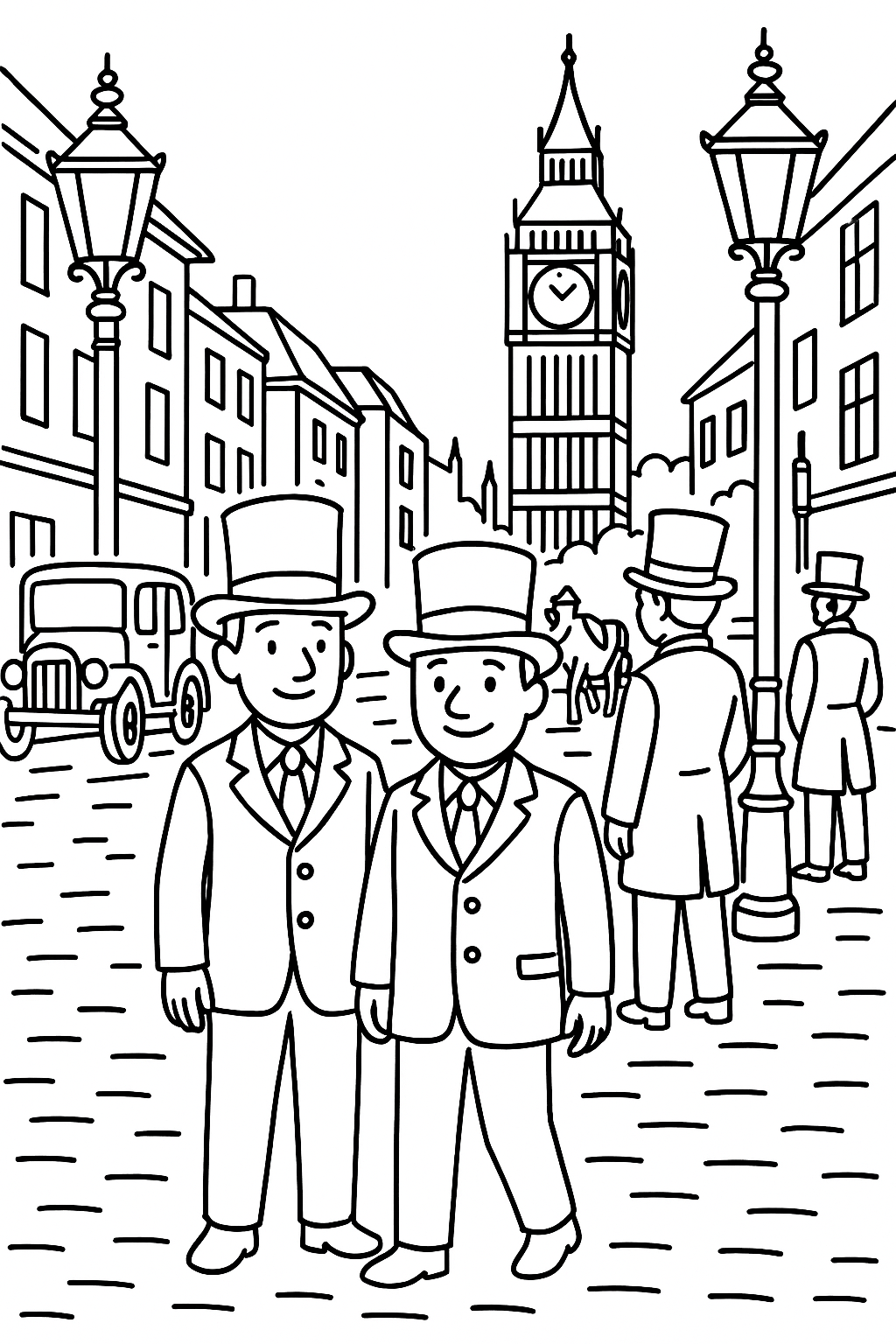 Vintage cityscape coloring page with classic buildings