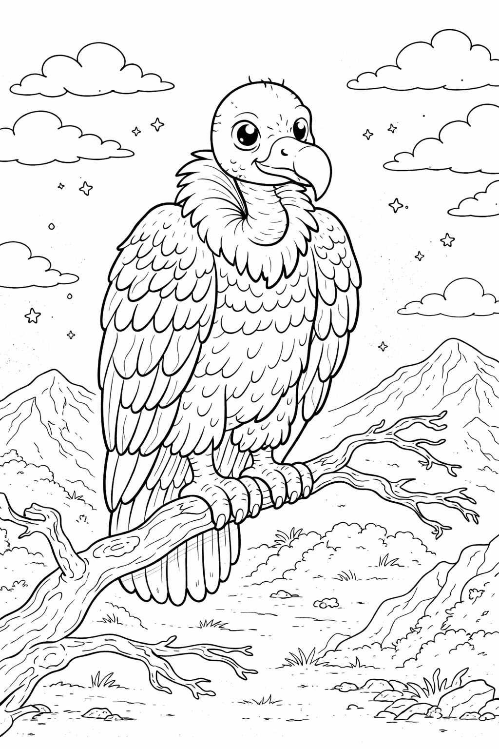 Coloring page of a vulture on a branch