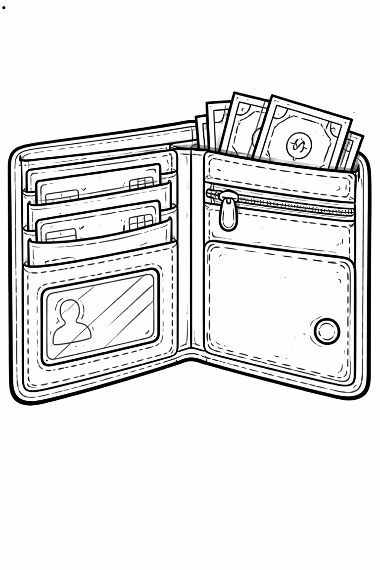 Children's wallet coloring page with money and cards