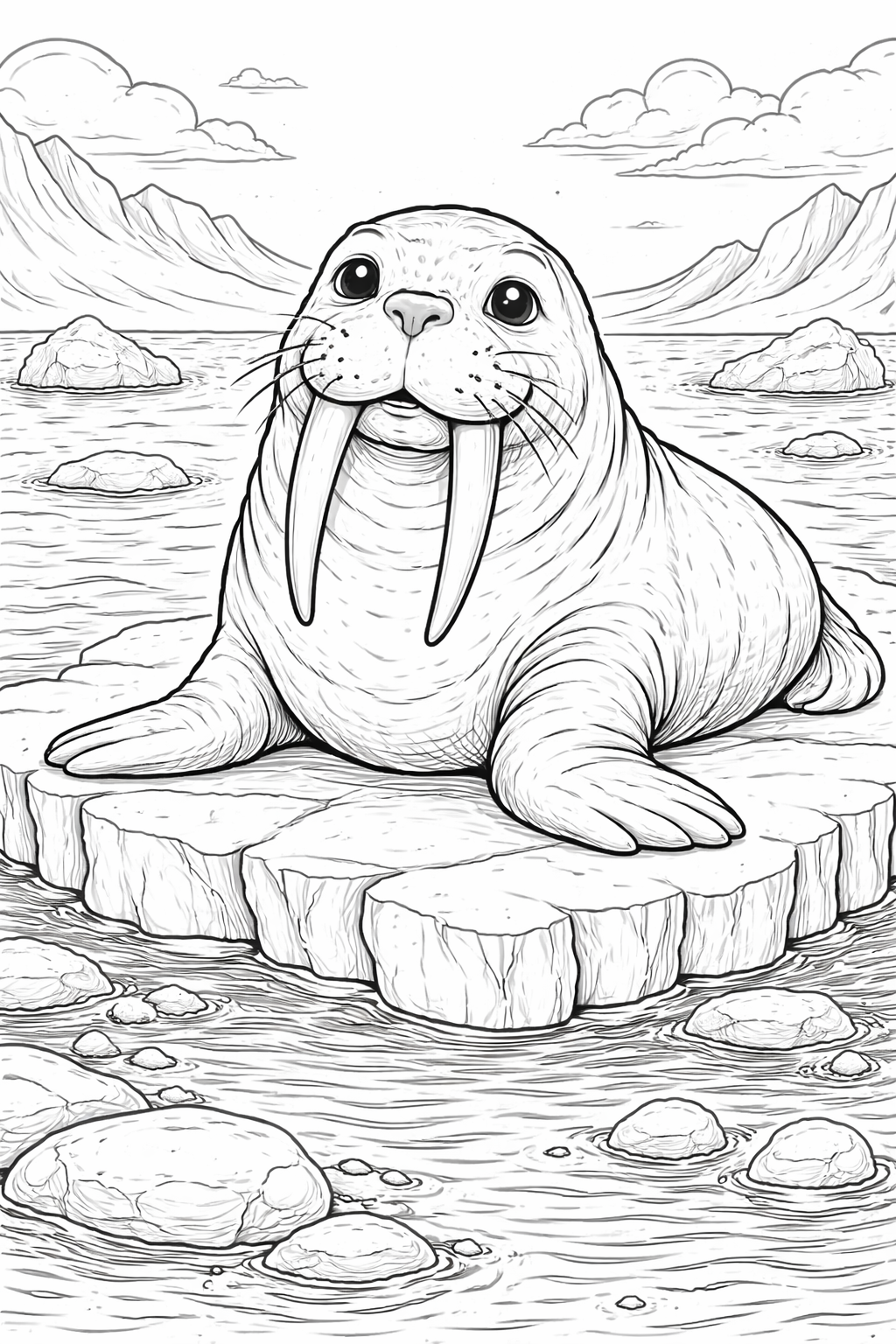 Walrus sitting on an ice floe coloring page