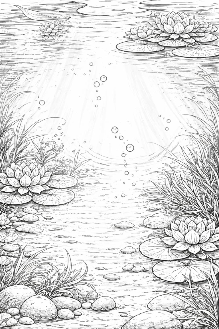 Coloring page with water lilies and pond scene