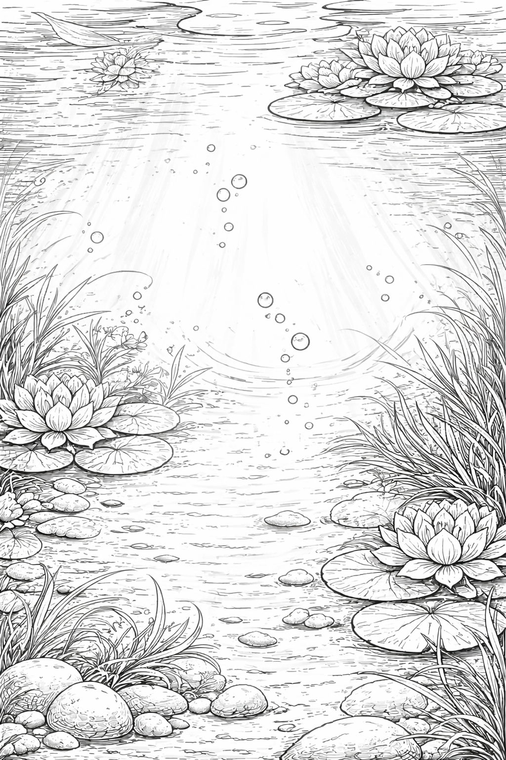 Coloring page with water lilies and pond scene