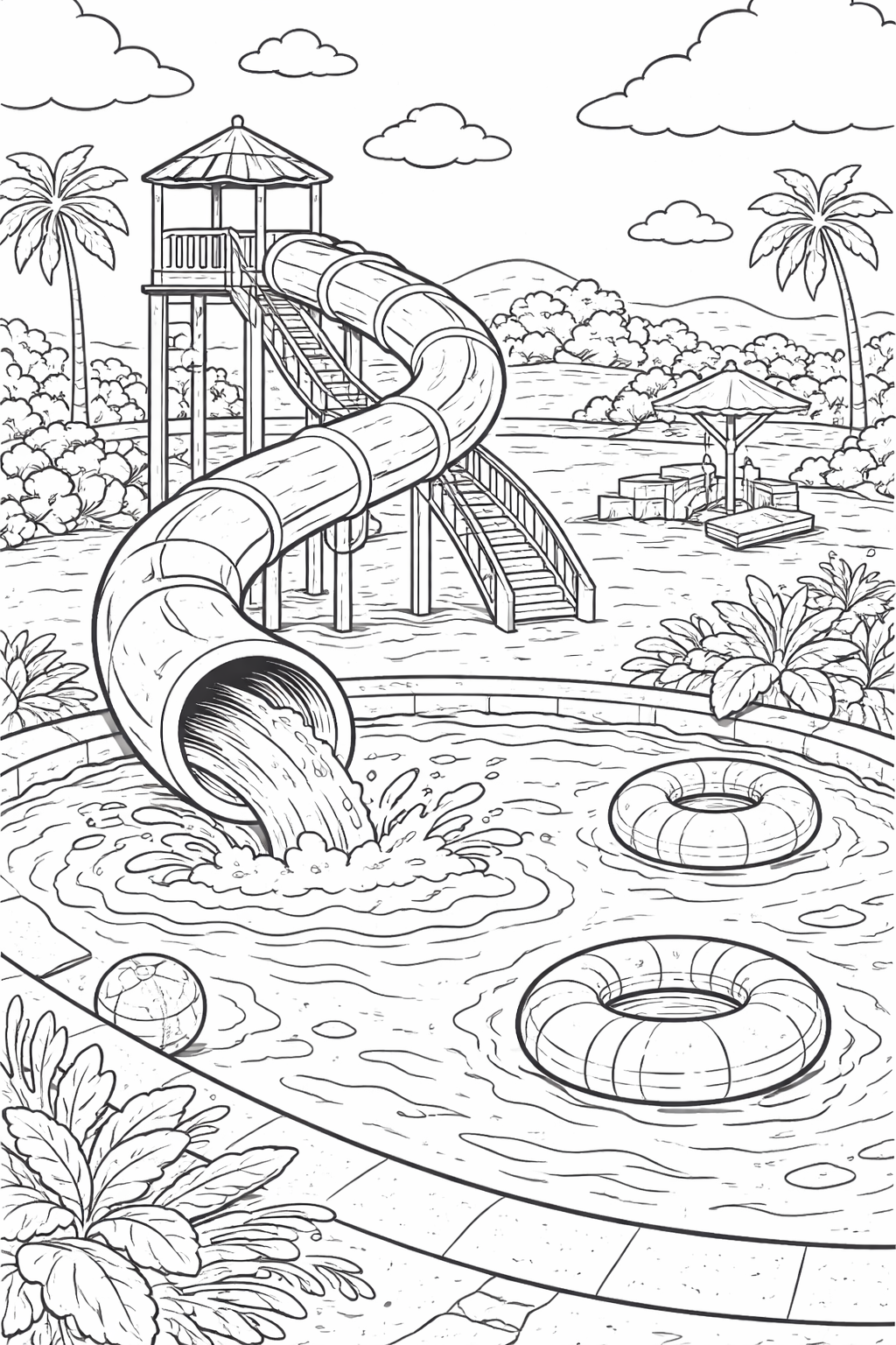Coloring page featuring a water park slide and pool.