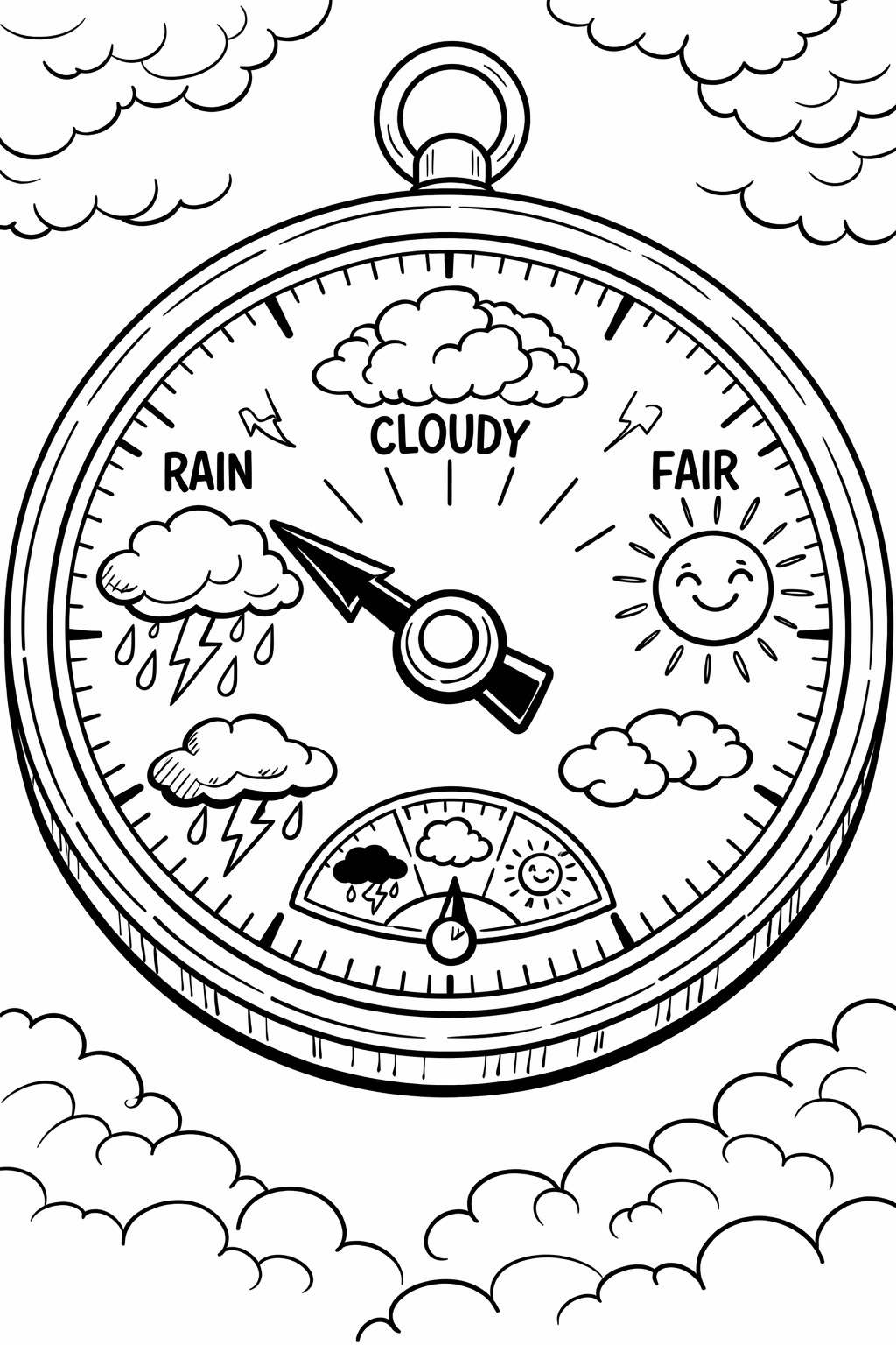 Weather-themed children's coloring page with a barometer
