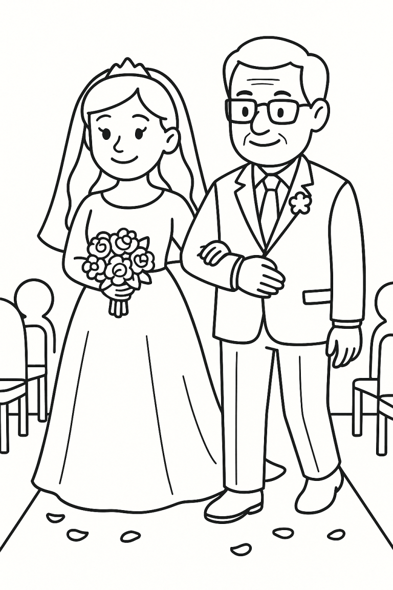Bride and father walking down the aisle coloring page