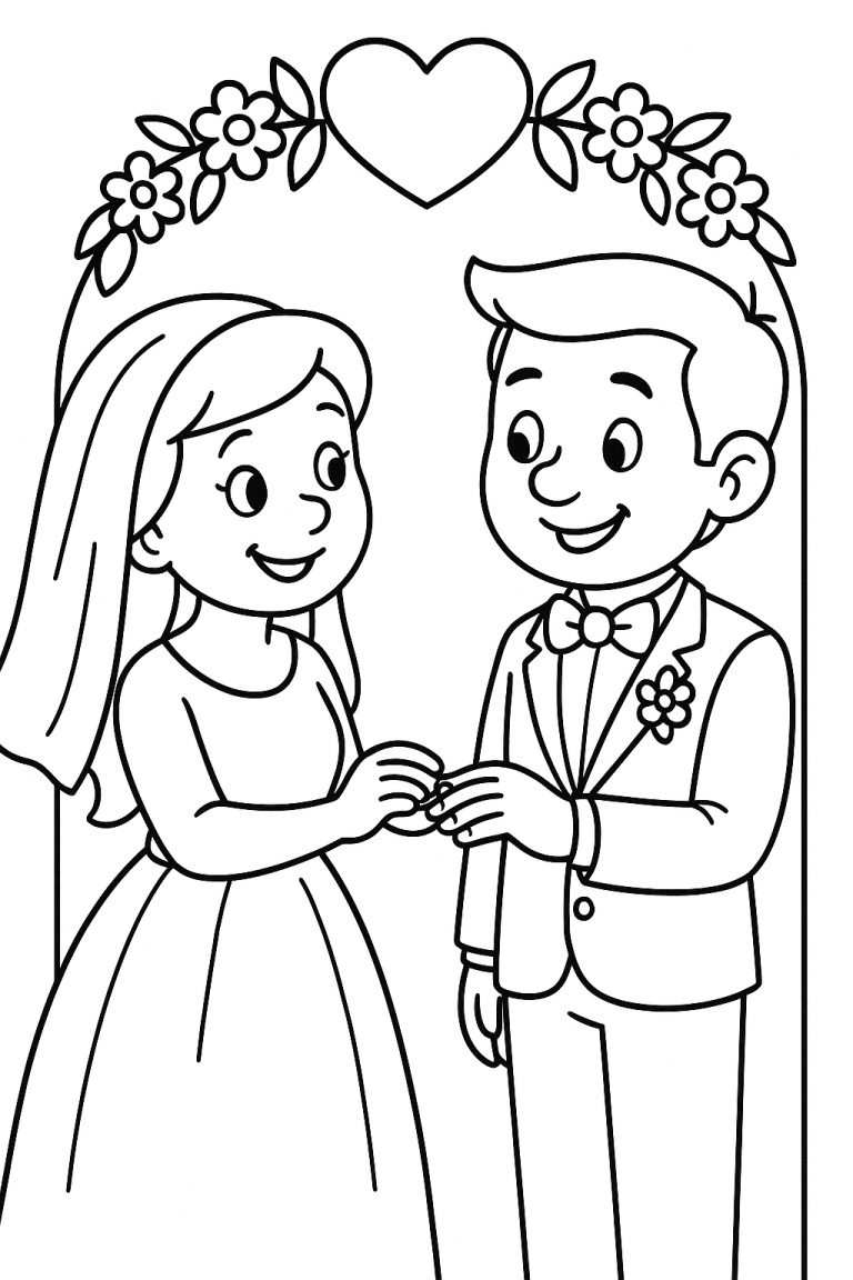 Wedding couple coloring page with bride and groom