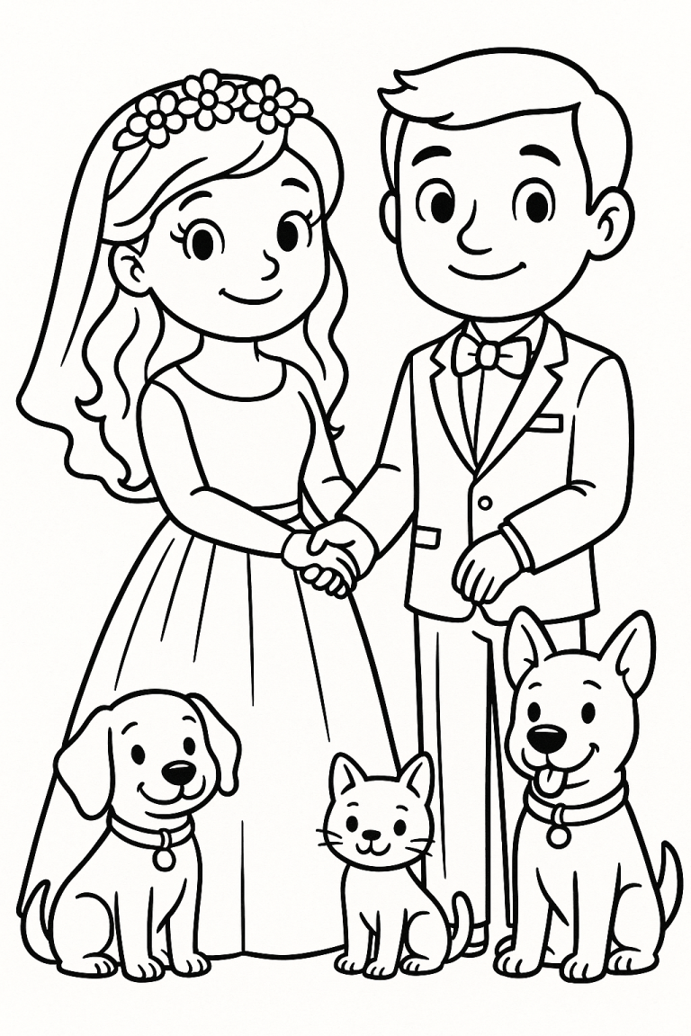 Wedding couple with pets coloring page