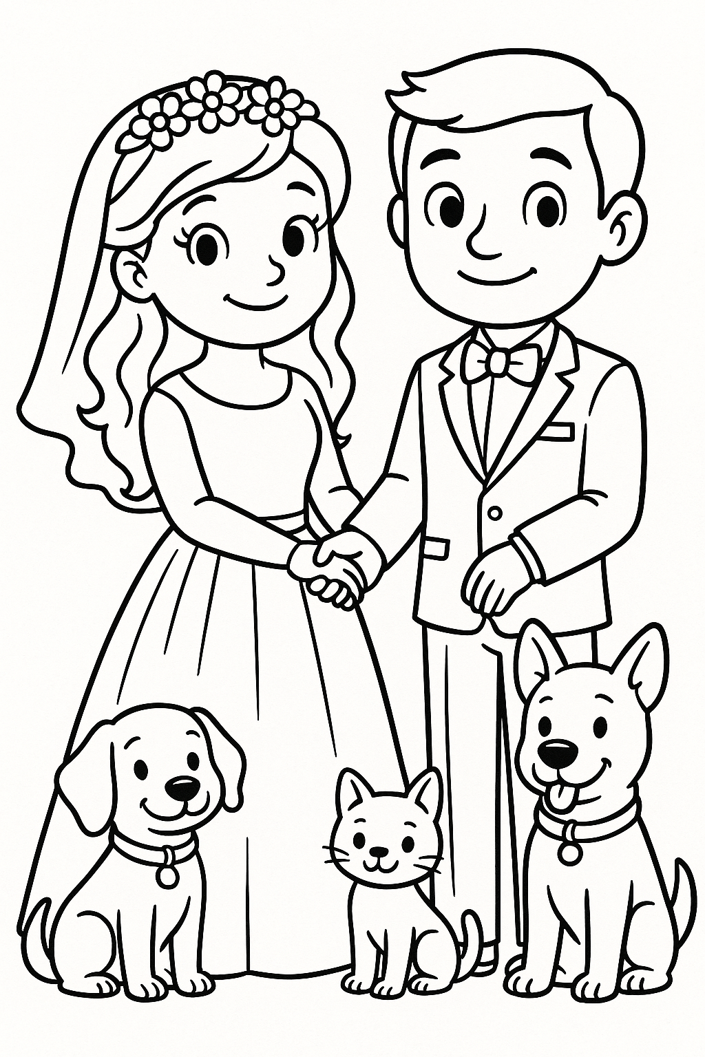 Wedding couple with pets coloring page