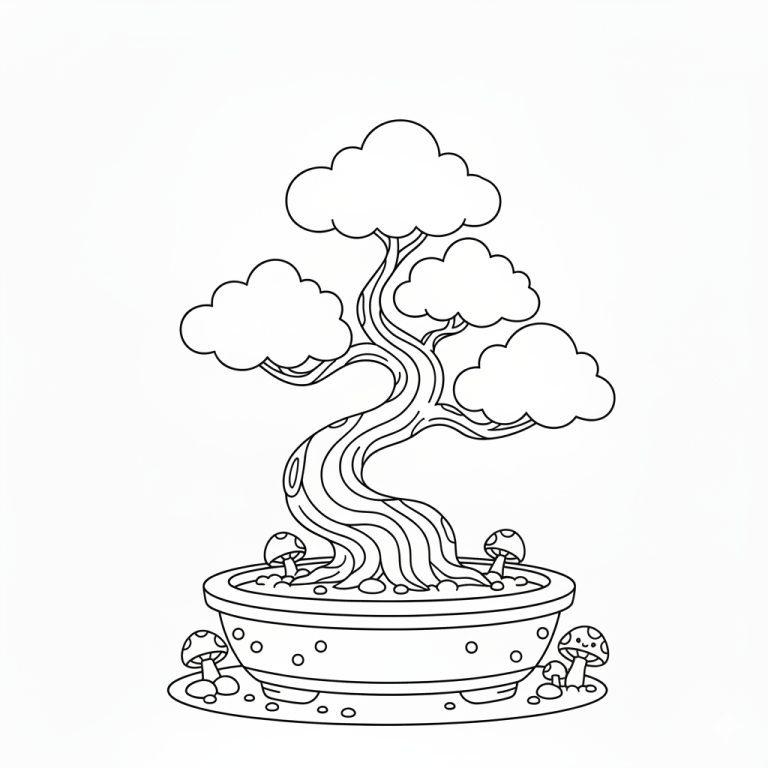 Whimsical bonsai tree with mushrooms