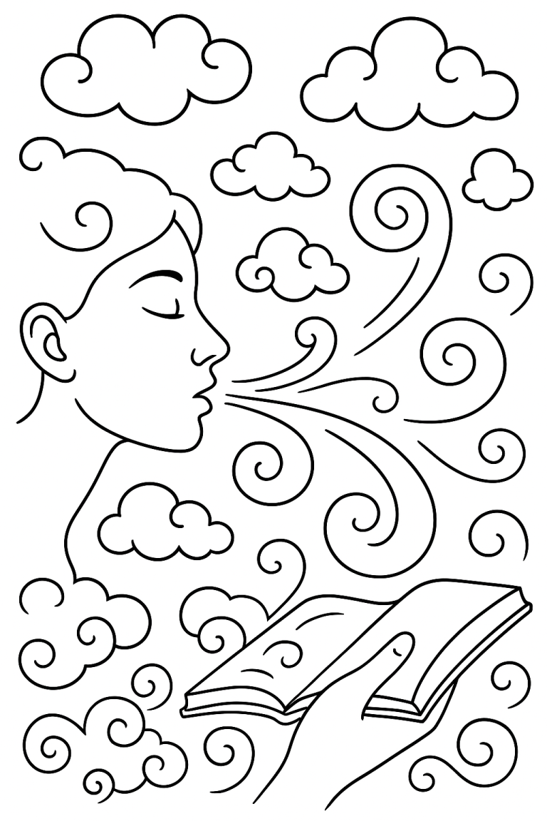 Coloring page of a wind spirit with swirling clouds.