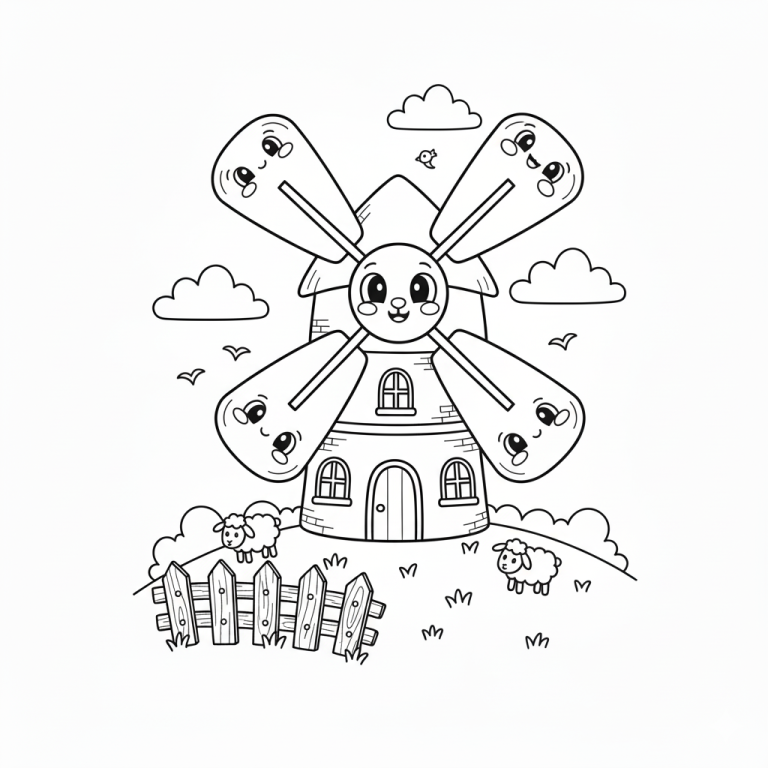 Coloring page of a windmill with smiling faces and sheep.