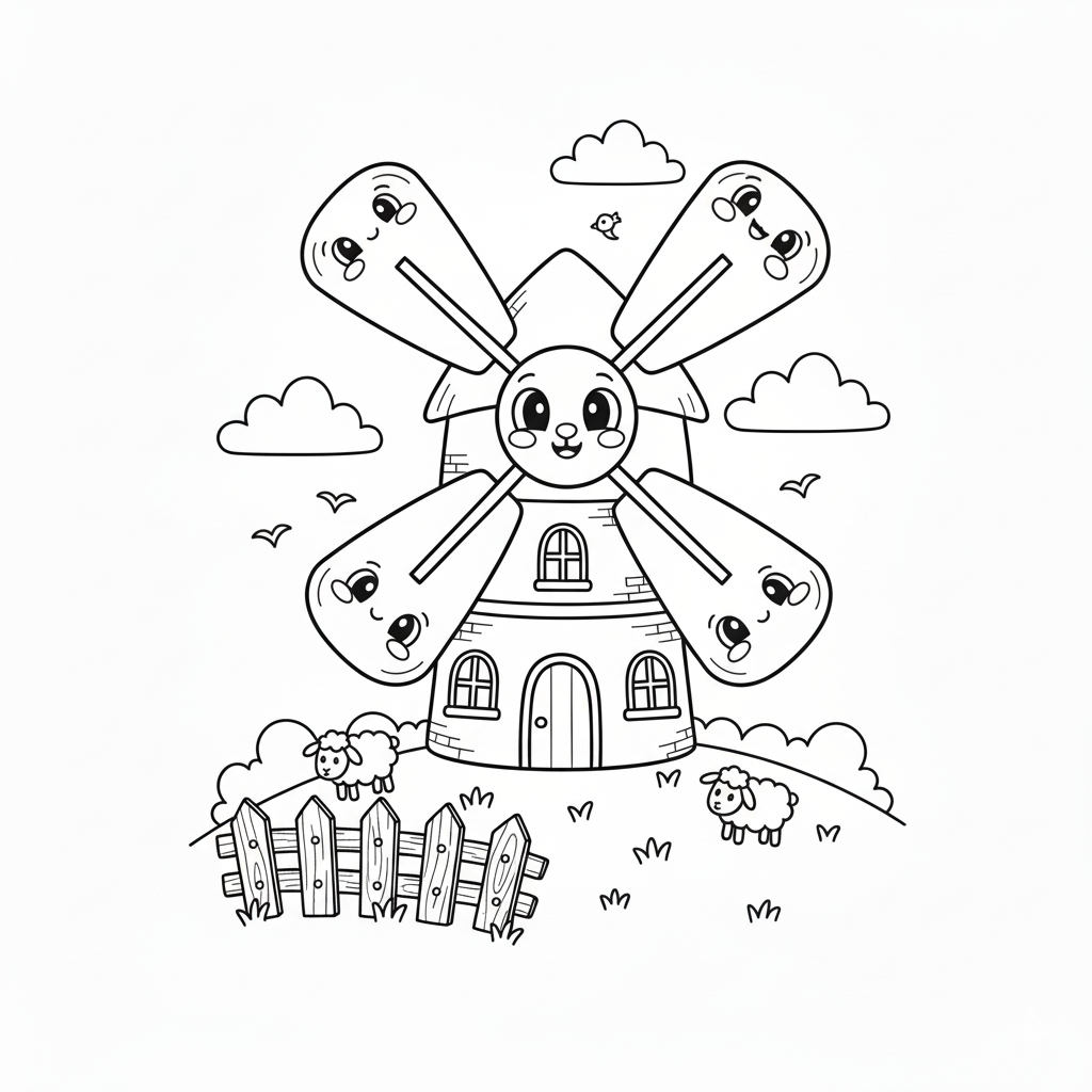 Coloring page of a windmill with smiling faces and sheep.