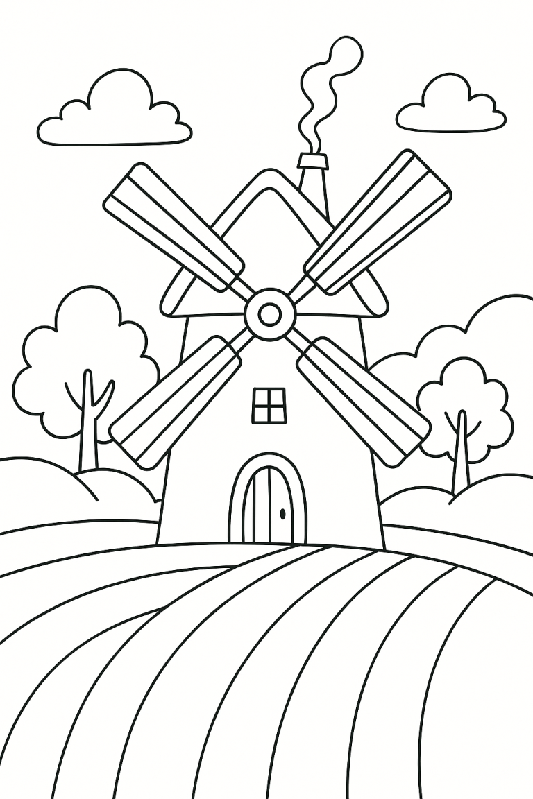 Windmill coloring page with trees and fields