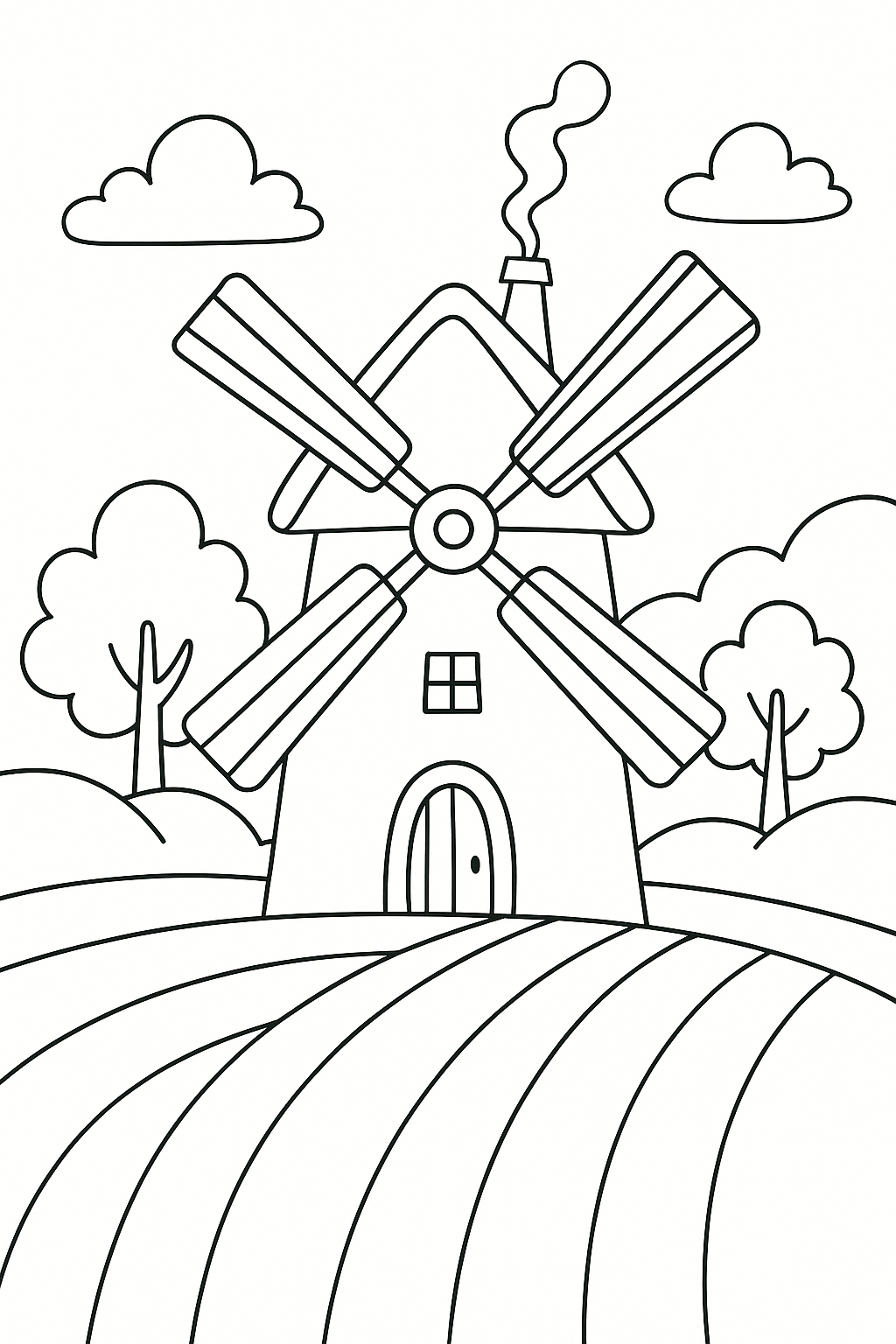 Windmill coloring page with trees and fields