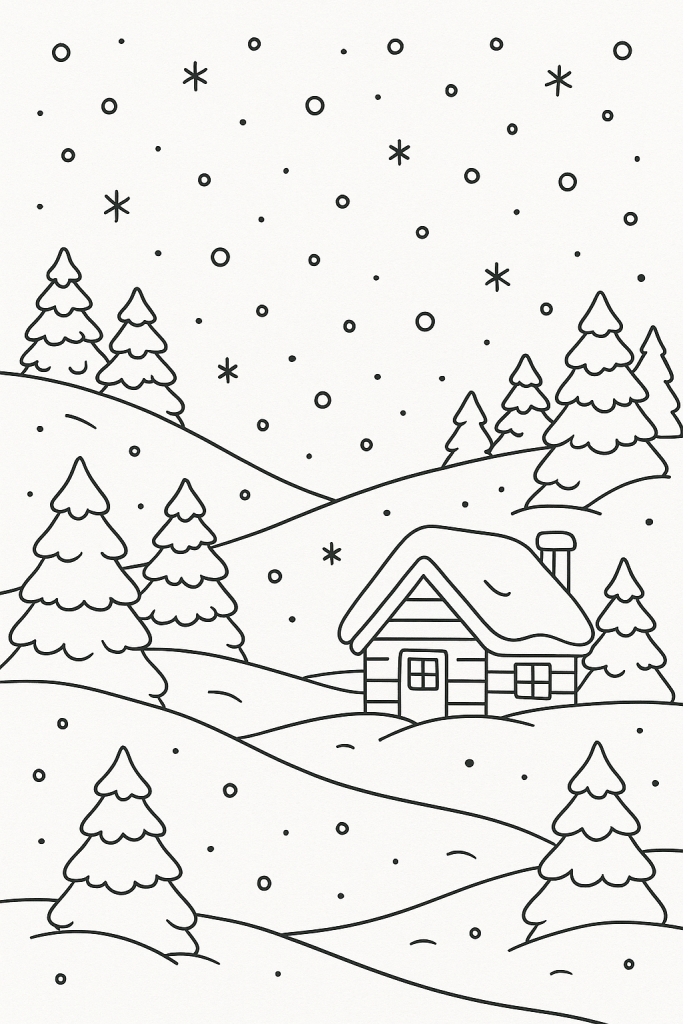 Cozy Winter Cabin Scene Coloring Page - Creative Free Art for Children