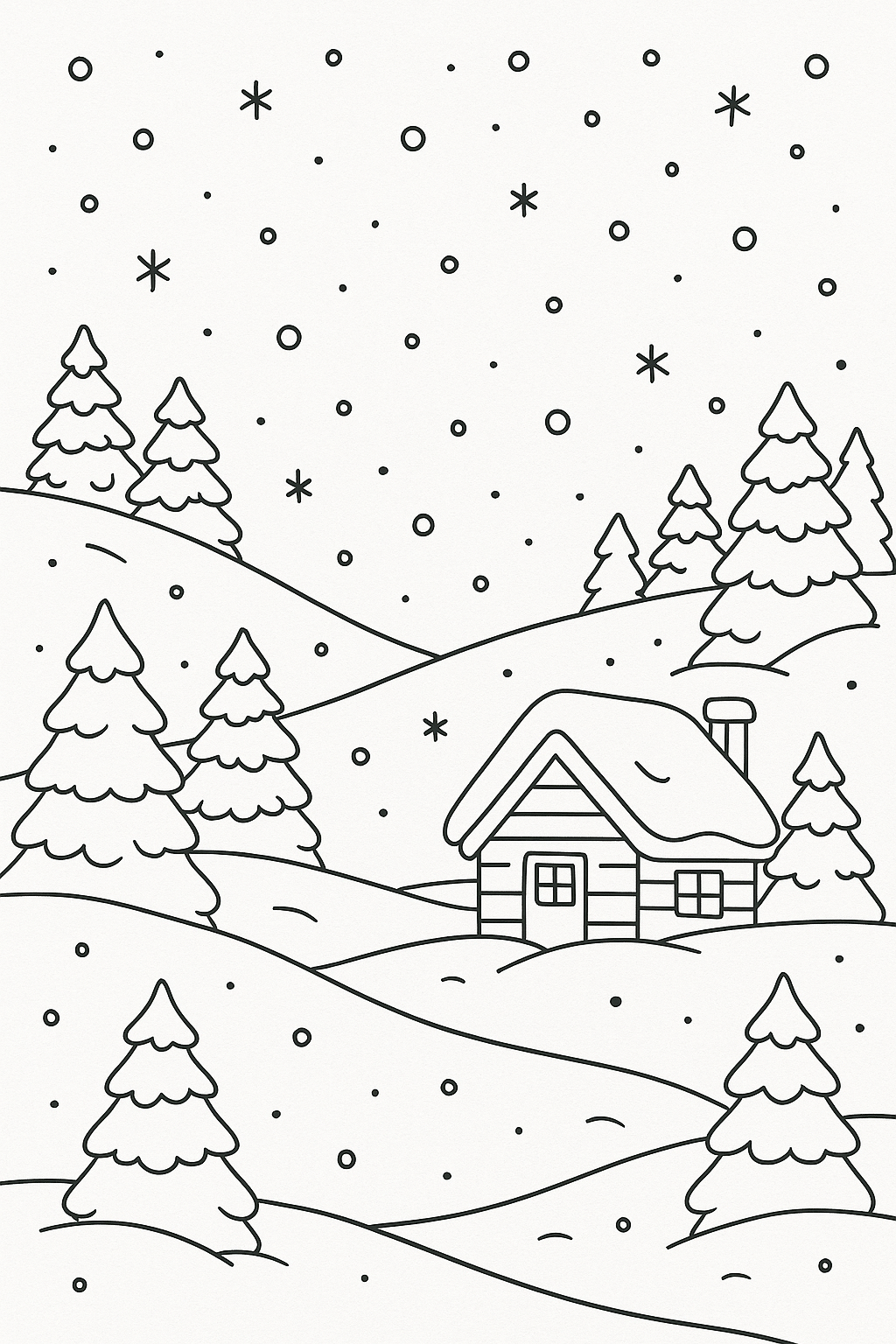 Winter cabin in snow with trees and snowfall