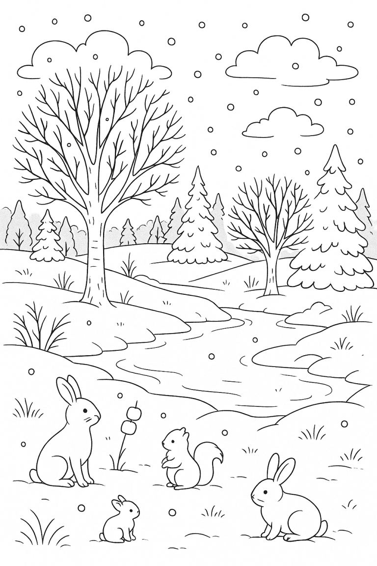 Winter forest scene with rabbits and squirrel