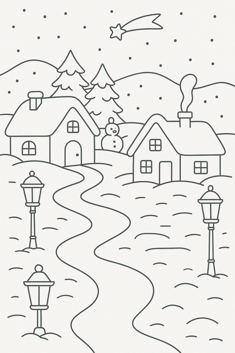 Winter scene coloring page with cottages and snowman